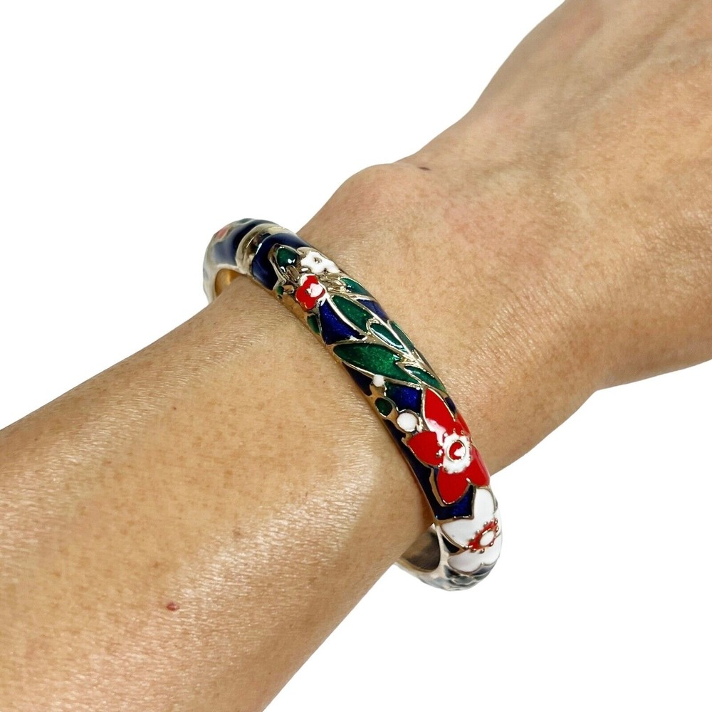 Jiu Long Xing Floral Enamel Red White Blue Cloisonne Bangle Bracelet Hinged